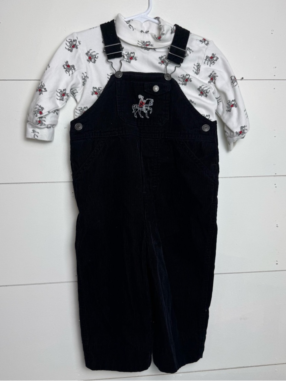 Hartstrings 2Pc Black Corduroy Overalls & Long Sleeve White Shirt Horses 18M